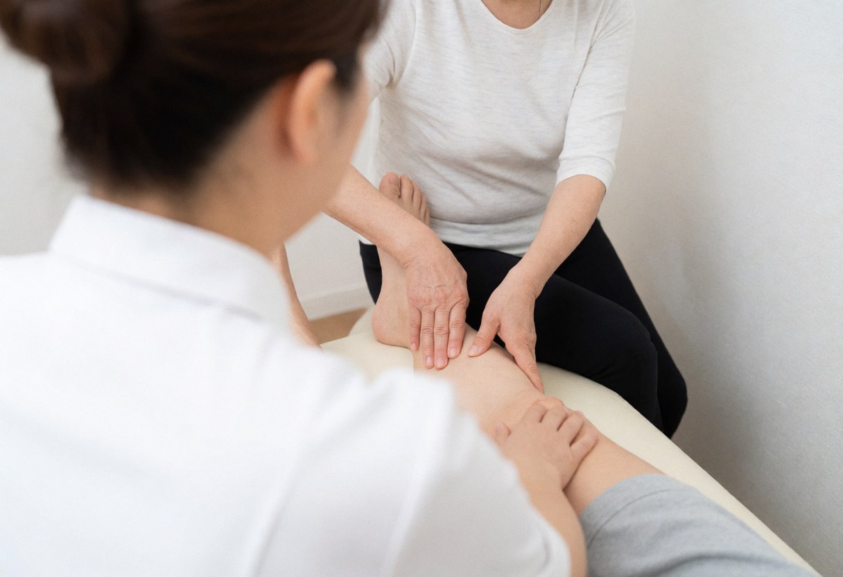 Un thérapeute effectue un massage sur la jambe d'un client allongé sur une table de massage dans un espace lumineux aux murs blancs.