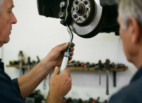 Un mécanicien ajuste un système de freins avec une seringue. Des outils sont visibles sur une étagère, devant un mur blanc dans un atelier de réparation automobile.