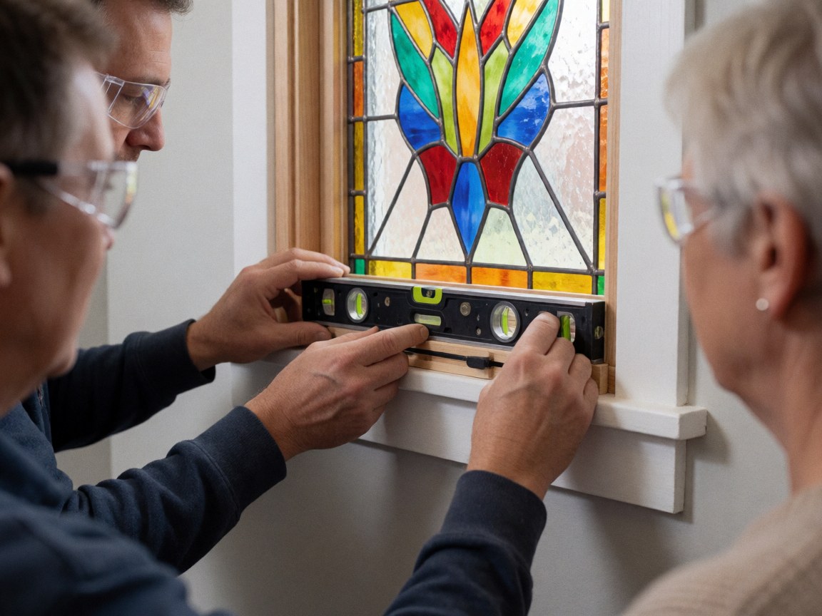 Trois artisans posent un vitrail coloré dans un cadre en bois à l'aide d'un niveau pour garantir la précision de l'installation.
