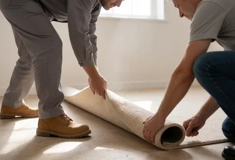 Deux travailleurs posent un revêtement de sol beige sur un sous-plancher baigné de lumière naturelle, illustrant le service d'installation de tapis en action.