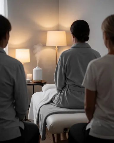 Une cliente profite d'un moment de détente dans une salle aux lumières chaudes, équipée d'un diffuseur pour créer une ambiance relaxante.