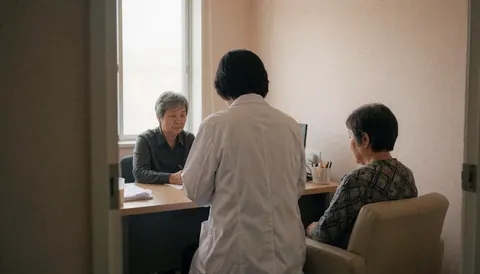 Une praticienne en blouse blanche accueille un patient assis lors d'une consultation dans un bureau lumineux aux murs beiges, évoquant un cadre professionnel et apaisant.