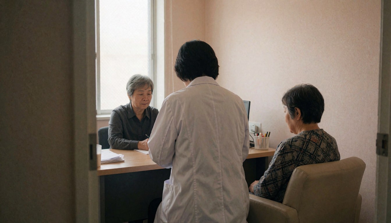 Une praticienne en blouse blanche accueille un patient assis lors d'une consultation dans un bureau lumineux aux murs beiges, évoquant un cadre professionnel et apaisant.