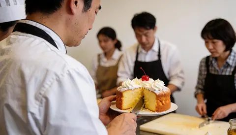 Un chef en tablier sert un gâteau garni de crème et d'une cerise lors d'un cours de cuisine dans une pièce aux murs blancs.