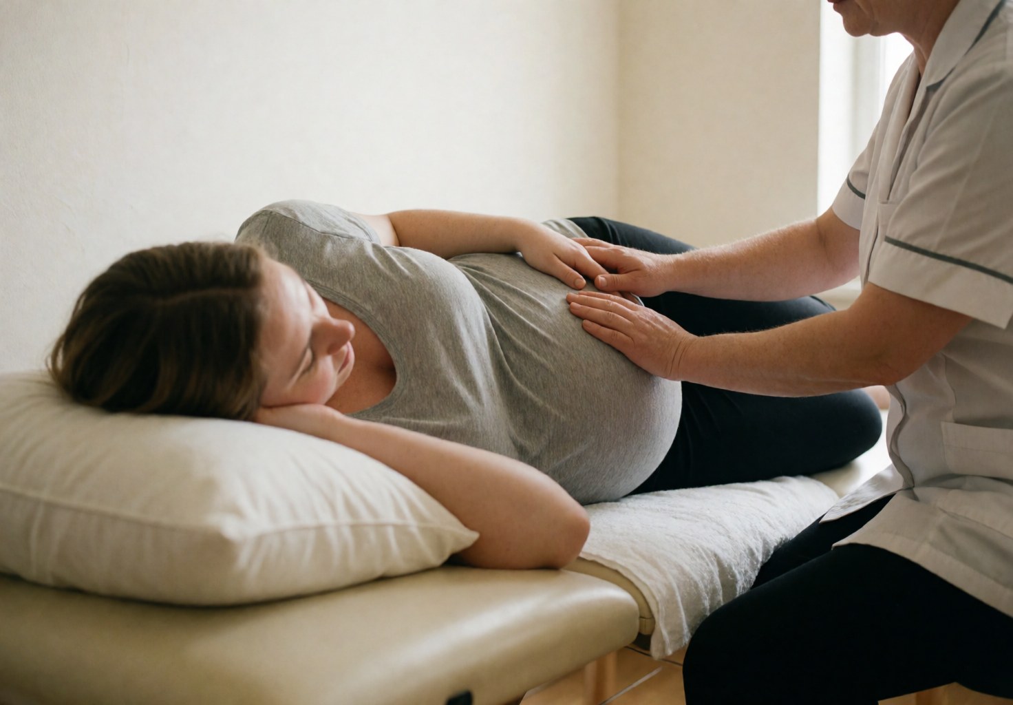 Une femme enceute allongée reçoit un massage reiki sur l'abdomen, les mains du praticien posées délicatement, dans un cadre professionnel aux murs blancs.