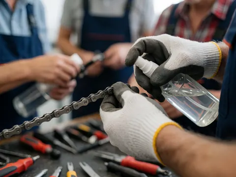 Des mains gantées appliquent un produit d'entretien sur la chaîne métallique d'un vélo posé sur un établi, dans le cadre d'une réparation professionnelle.