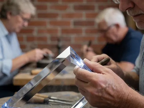 Main d'artisan sculptant un biseau poli sur une surface en verre transparent posée sur une table de travail dans un atelier.