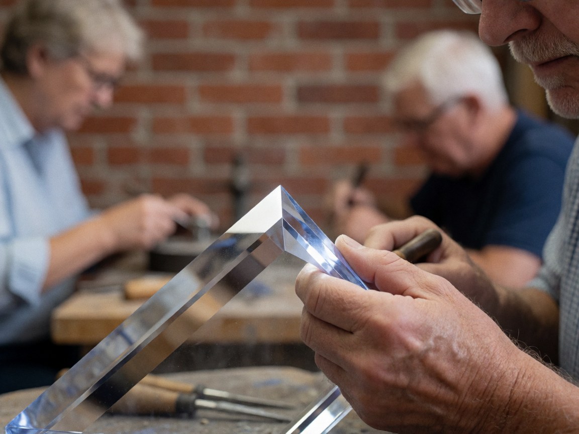 Main d'artisan sculptant un biseau poli sur une surface en verre transparent posée sur une table de travail dans un atelier.