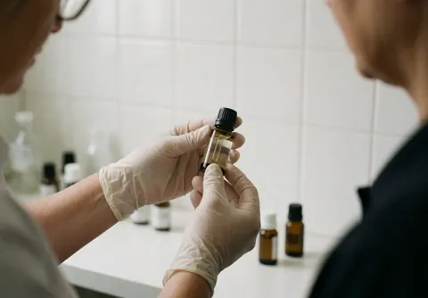Un thérapeute portant des gants blancs tient une bouteille transparente d'huile essentielle sur un comptoir propre avec des carreaux blancs dans un centre d'aromathérapie.
