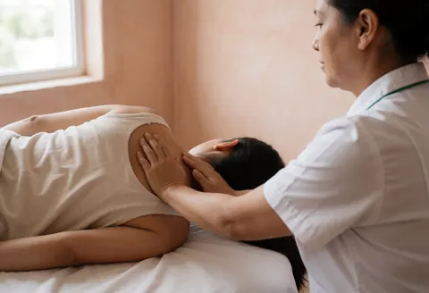 Le thérapeute applique un massage sur le dos d'un client allongé sur une table de massage dans un espace lumineux.