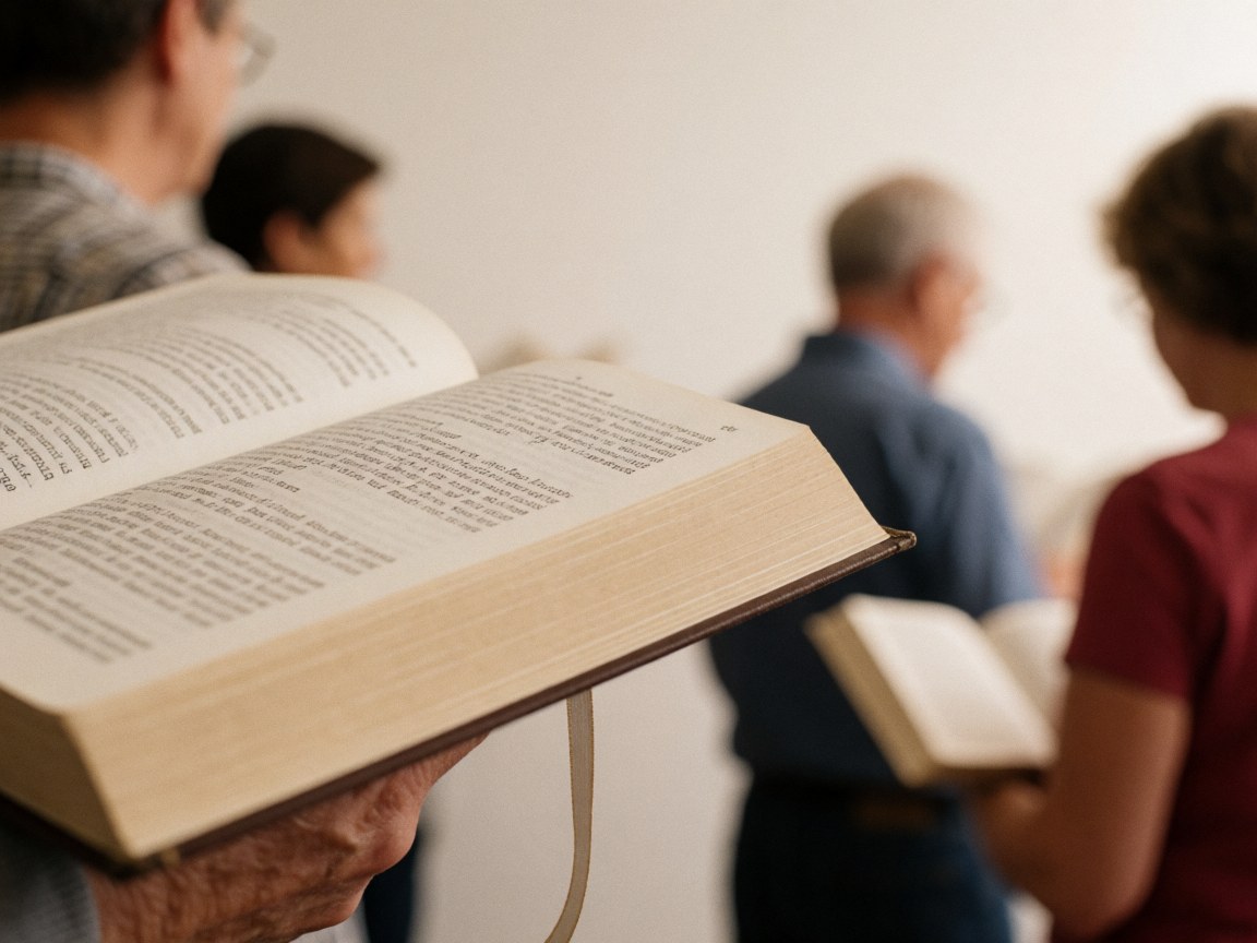 Livre ouvert en gros plan avec des personnes lisant en arrière-plan sur fond de murs blancs et lumière chaude, évoquant une bibliothèque ou un bureau.