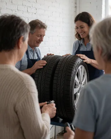Des clients observent des roues propres et brillantes dans un atelier de lavage automobile avec des murs en briques blanches.