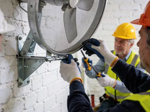 Un technicien utilise des outils pour réparer un ventilateur de plafond fixé à un mur en briques blanches, portant un équipement de sécurité.