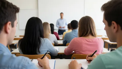 Des étudiants universitaires prennent des notes en classe avec un professeur devant un tableau blanc, scène éducative baignée de lumière naturelle.