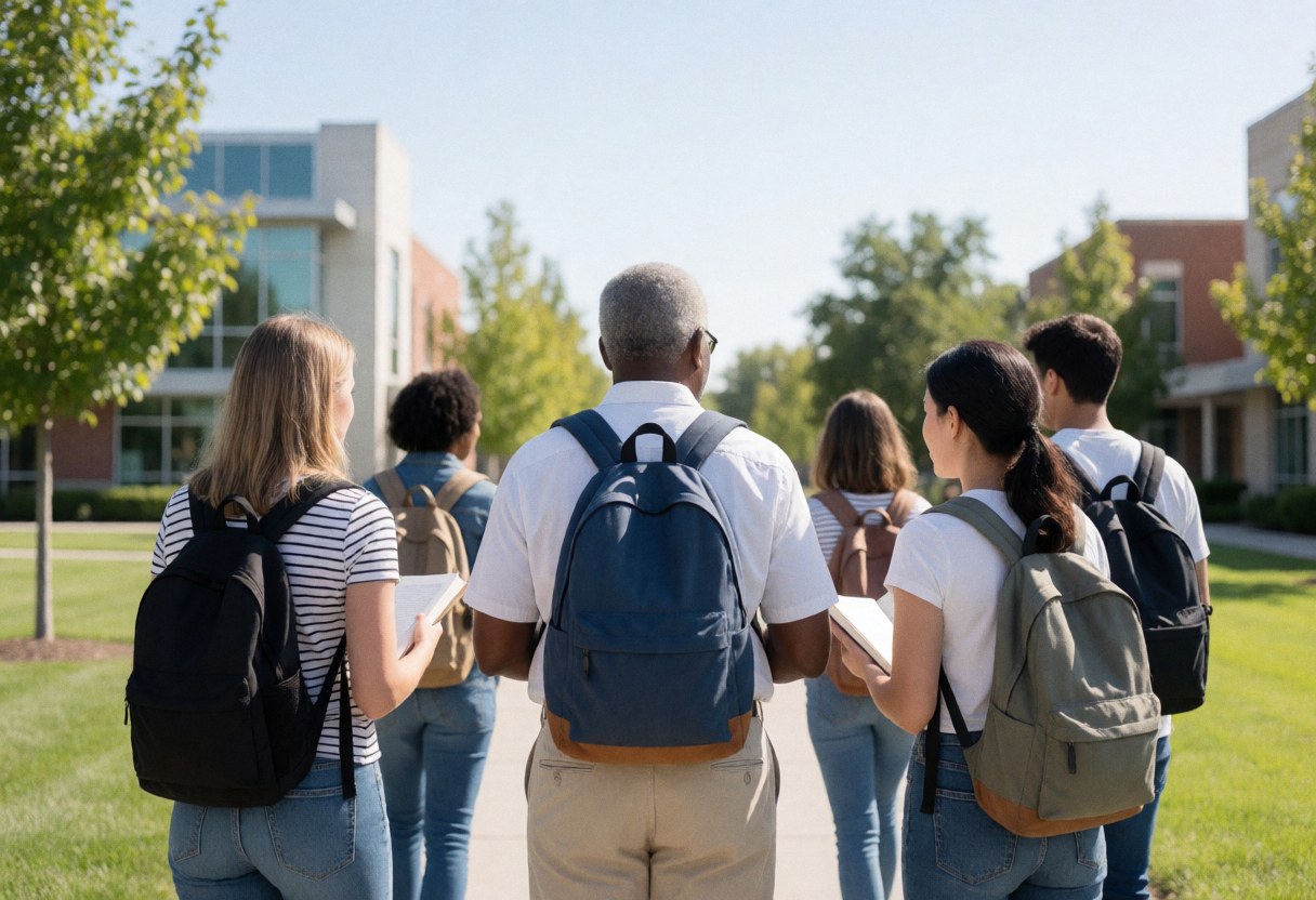 Des étudiants portant des sacs à dos traversent un campus universitaire moderne avec des bâtiments et de l'herbe sous un soleil éclatant.
