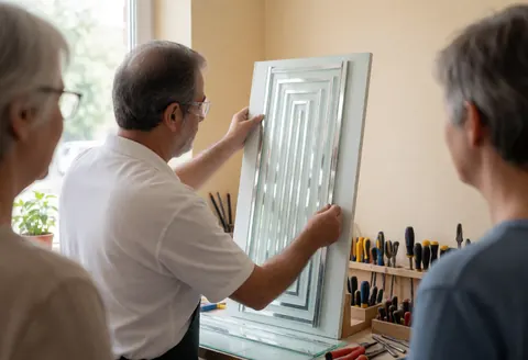 Un artisan vitrier portant des lunettes de sécurité installe un panneau de verre décoratif dans son atelier, entouré d'outils et de murs beige.