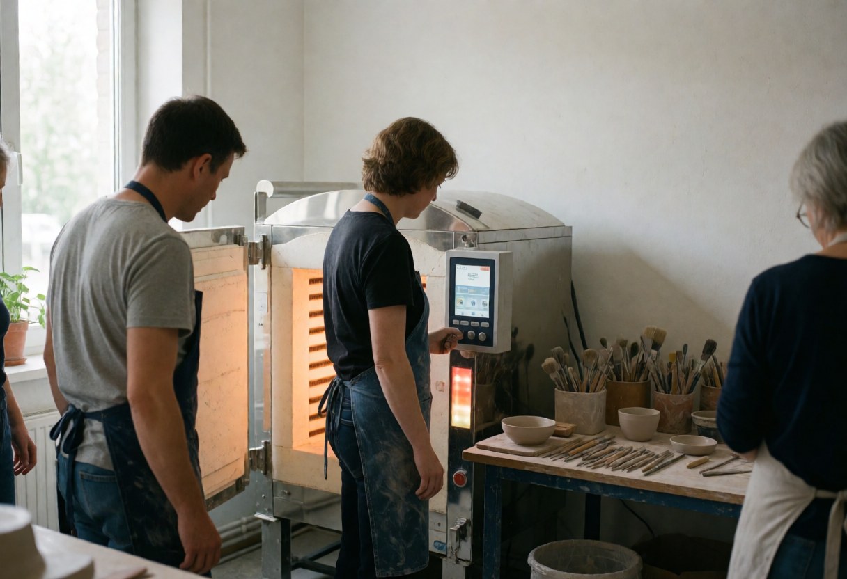 Céramiste examinant un four numérique dans son atelier entouré d'outils et de pièces en cours de réalisation.