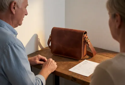 Sac en cuir fait main posé sur une table en bois avec une facture visible, évoquant une vente en boutique d'artisanat.