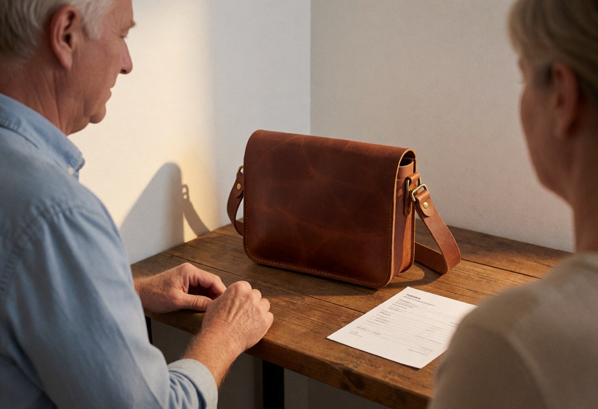 Sac en cuir fait main posé sur une table en bois avec une facture visible, évoquant une vente en boutique d'artisanat.