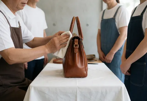 Un artisan nettoie un sac en cuir marron sur une table blanche, avec des murs en béton et des spectateurs observant le processus de restauration.