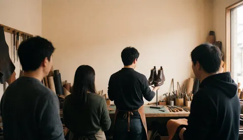 Un artisan montre ses bottes en cuir finies dans son atelier, entouré d'outils et de murs beige, idéal pour la maroquinerie.