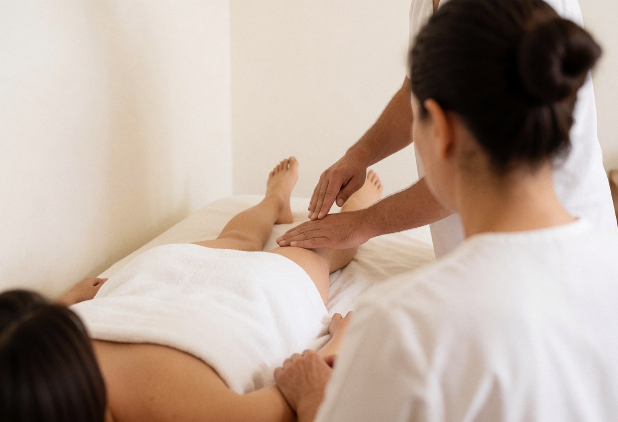 Thérapeute appliquant un massage thérapeutique à un client sur une table blanche dans un salon lumineux aux murs blancs.