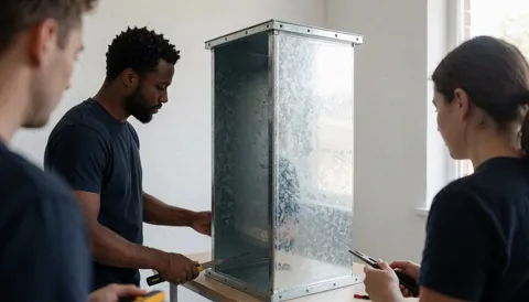Un technicien travaille sur l'installation d'un conduit en métal galvanisé dans un atelier bien éclairé aux murs blancs, illustrant le service de ventilation.