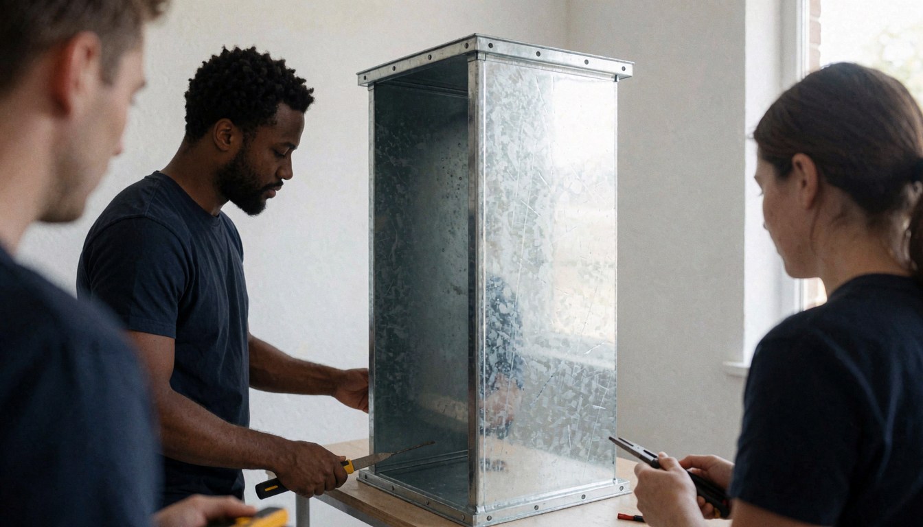 Un technicien travaille sur l'installation d'un conduit en métal galvanisé dans un atelier bien éclairé aux murs blancs, illustrant le service de ventilation.