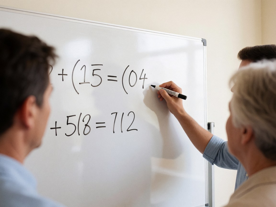 Une main écrit des équations sur un tableau blanc devant des personnes observant dans une salle de conférence aux murs chauds.