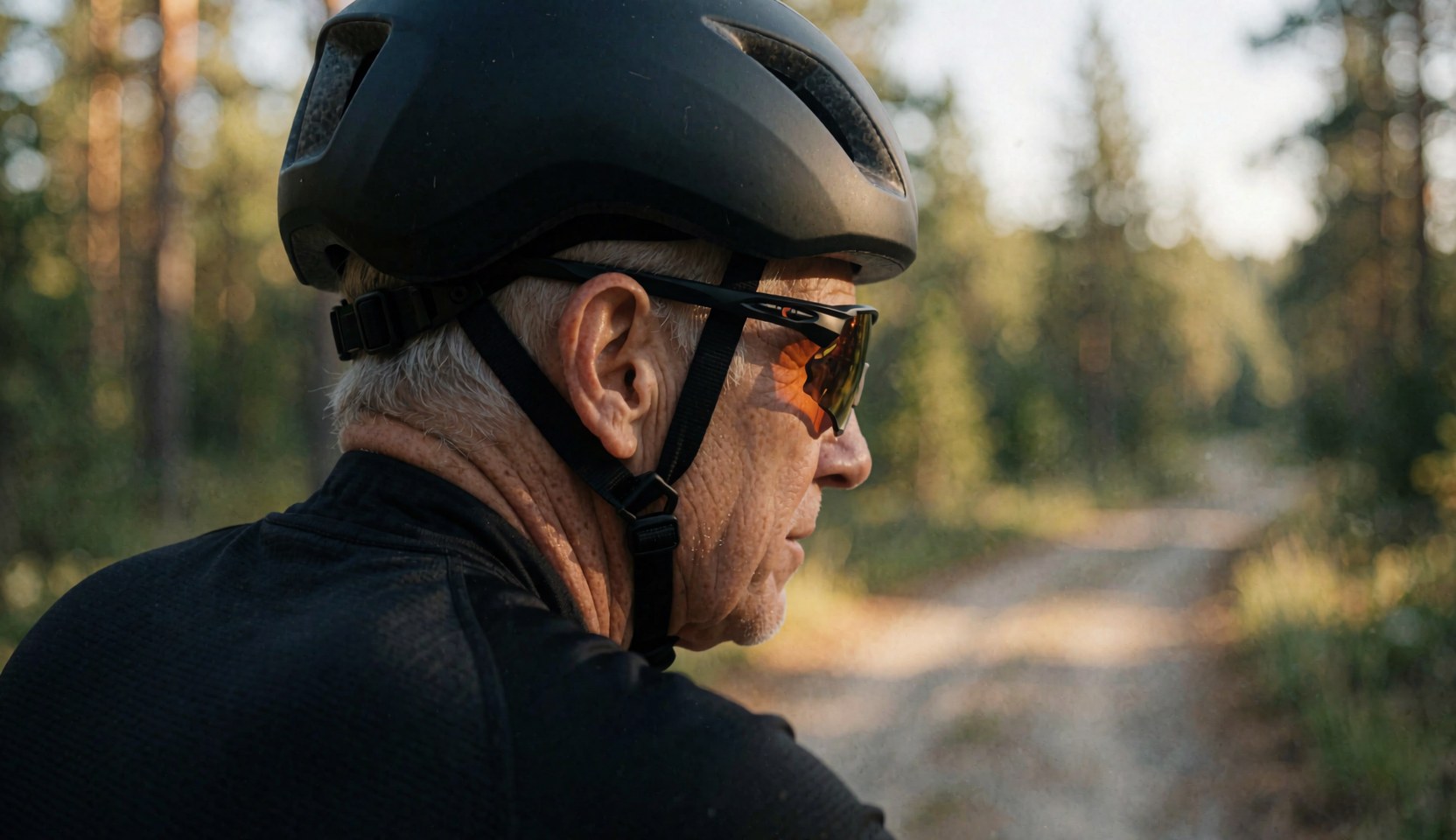 Un cycliste âgé avec un casque noir et des lunettes de soleil polarisées avance sur un sentier forestier au coucher du soleil, idéal pour un coach de vélo tout-terrain.