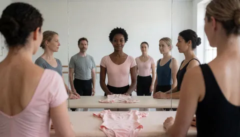 Danseuses en leotards pratiquant le ballet classique dans un studio équipé de miroirs et de barres.