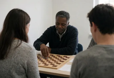Un adulte joue aux échecs dans une école avec un échiquier visible sur une table et des murs blancs, illustrant le service de formation.