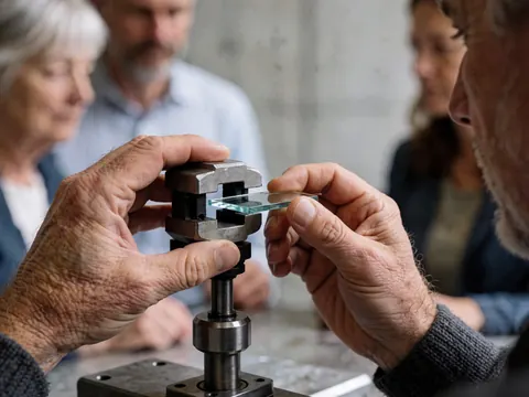 Des mains d'un horloger utilisent un outil pour ajuster le verre d'une montre dans un atelier, tandis que des personnes observent la réparation.