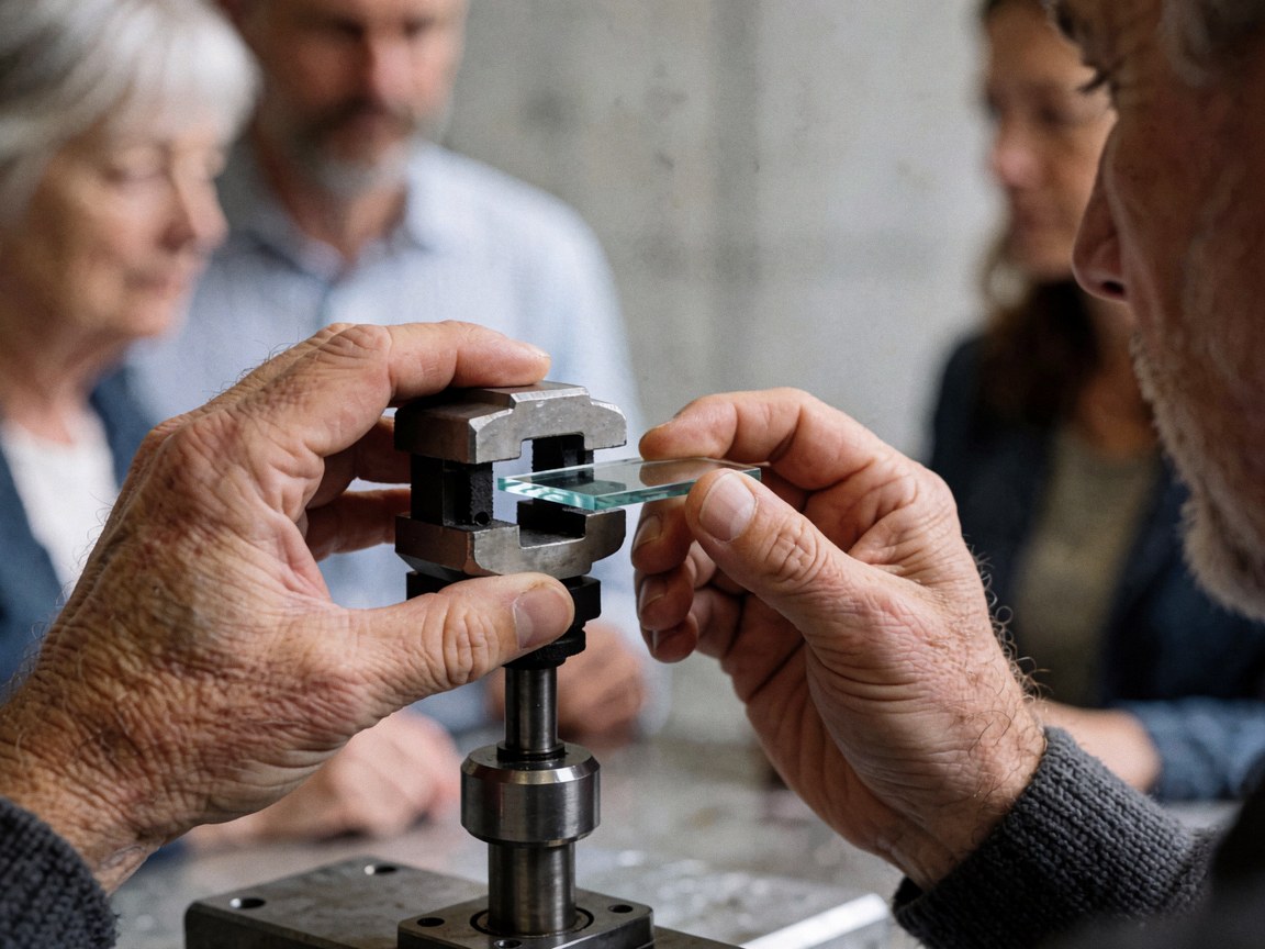 Des mains d'un horloger utilisent un outil pour ajuster le verre d'une montre dans un atelier, tandis que des personnes observent la réparation.
