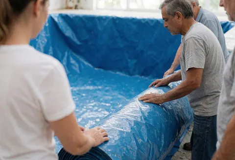Des ouvriers posent une membrane bleue à l'intérieur d'une coque de piscine vide, illustrant les étapes de la construction.