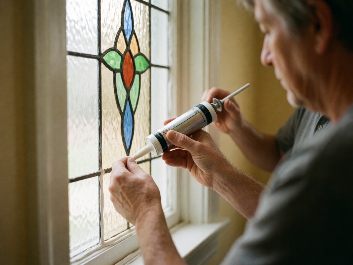 Une main applique du scellant sur le bord d'un panneau de vitrail coloré installé dans un cadre de fenêtre contre un mur beige.