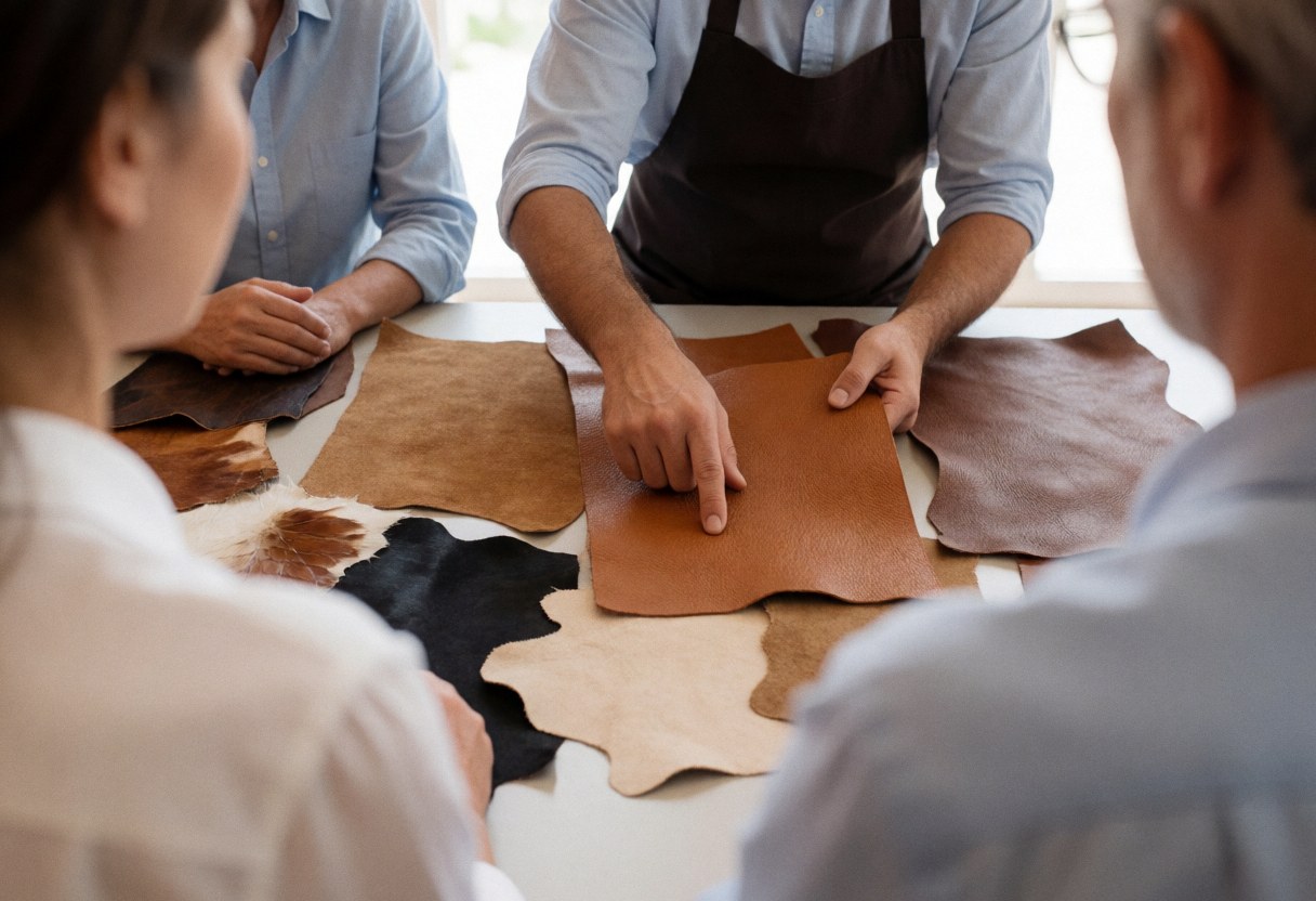 Un artisan en cuir montre un morceau de peau à des clients assis autour d'une table avec d'autres échantillons.