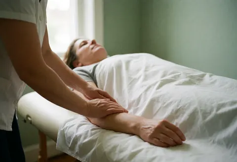 Un thérapeute réalise un massage thérapeutique sur le bras d'un client allongé sur une table blanche, dans un cabinet aux murs verts et à la lumière naturelle.