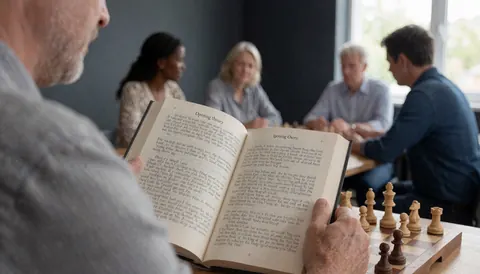 Un adulte consulte un livre sur la théorie des ouvertures pendant une partie d'échecs dans une salle avec des murs gris et d'autres joueurs en arrière-plan.