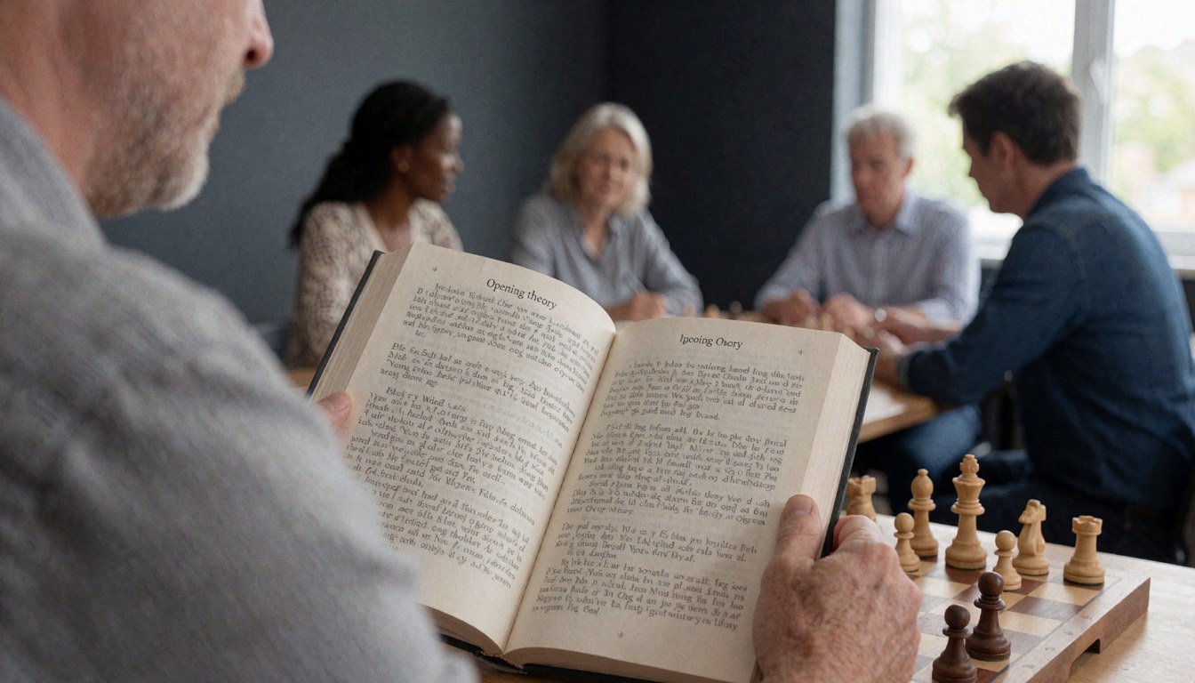 Un adulte consulte un livre sur la théorie des ouvertures pendant une partie d'échecs dans une salle avec des murs gris et d'autres joueurs en arrière-plan.