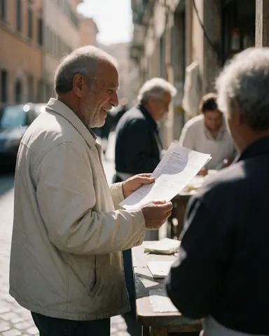 Un homme âgé sourit en consultant des papiers posés sur une table de travail dans une rue pavée, illustrant un service client attentif.