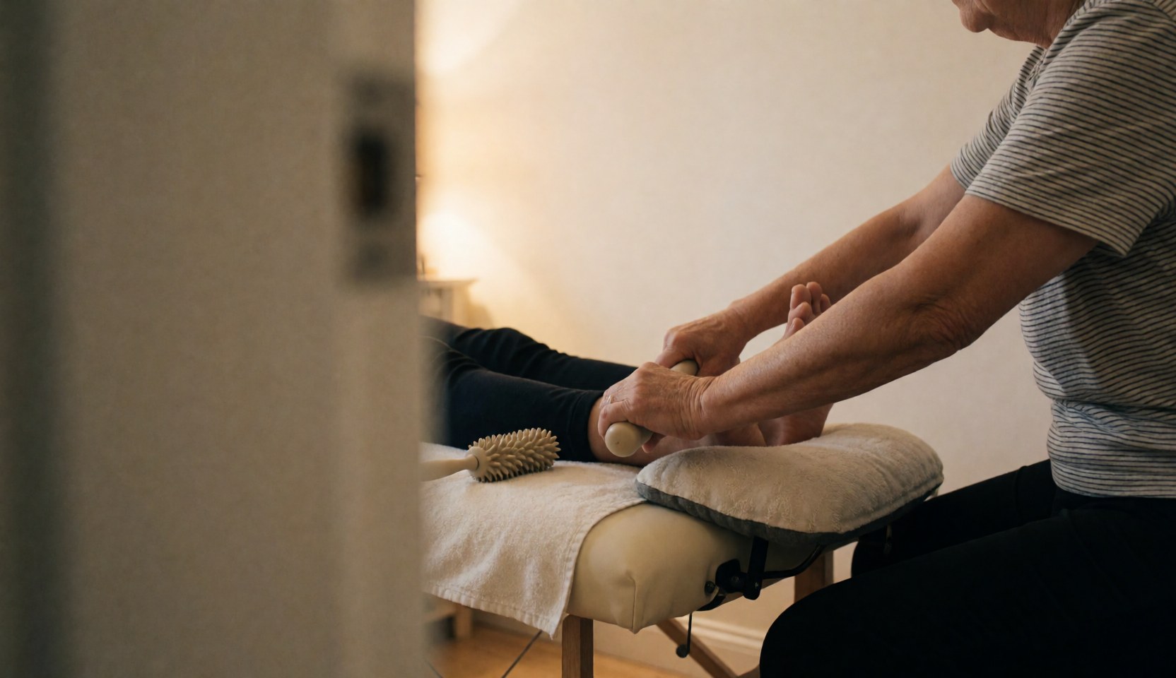 Personne recevant un massage du pied avec un rouleau sur une table munie d'un coussin, dans un espace aux murs chauds et à la lumière douce.