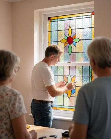 Un homme pose une fenêtre en verre coloré dans une pièce aux murs beige pendant que deux personnes observent le travail.