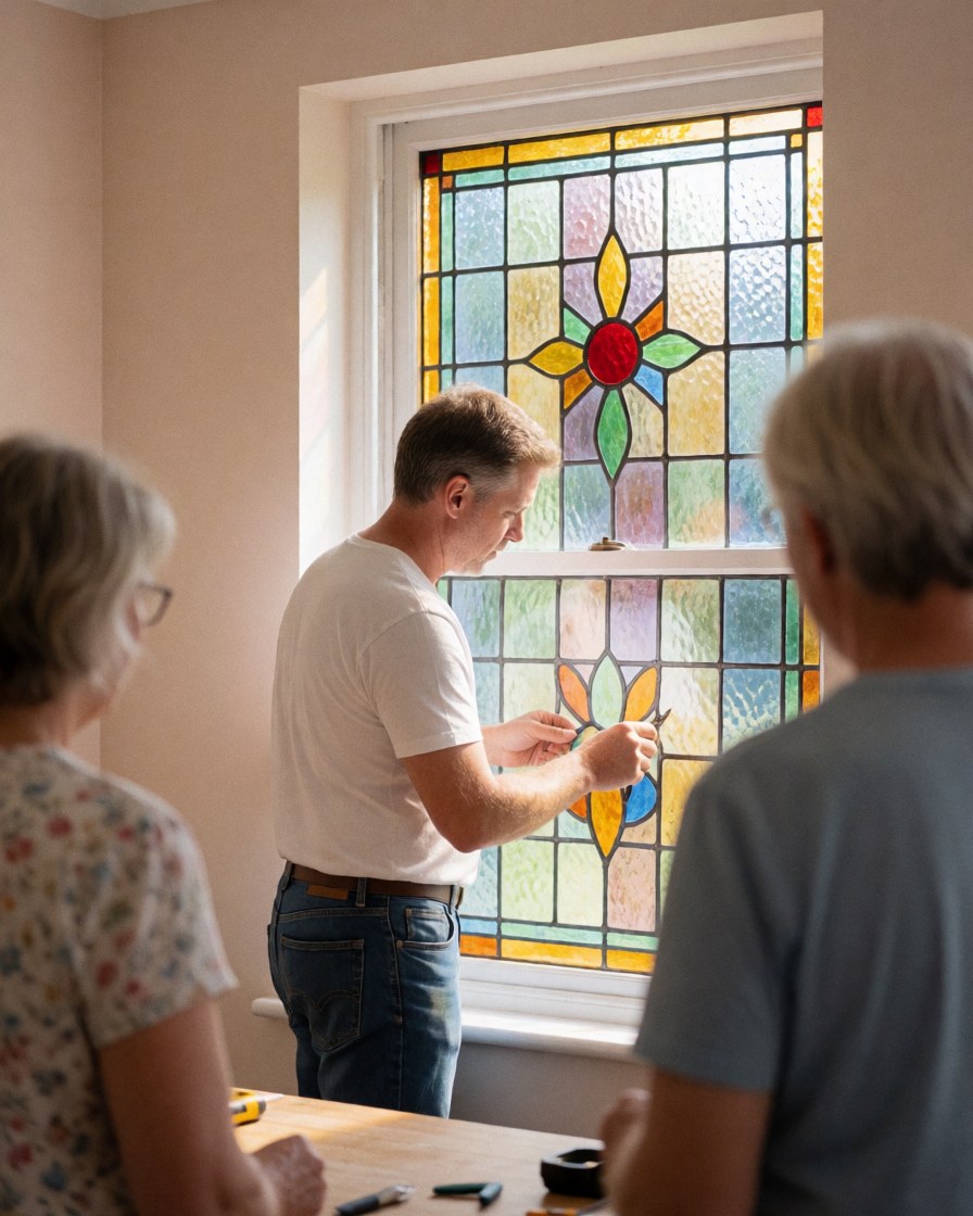 Un homme pose une fenêtre en verre coloré dans une pièce aux murs beige pendant que deux personnes observent le travail.
