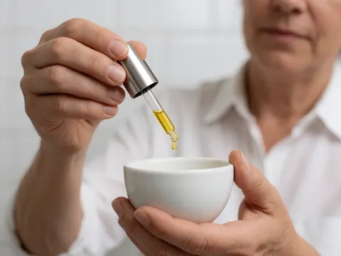 Une main verse une goutte d'huile essentielle dorée dans une tasse blanche sur fond de carreaux blancs, pour l'aromathérapie.