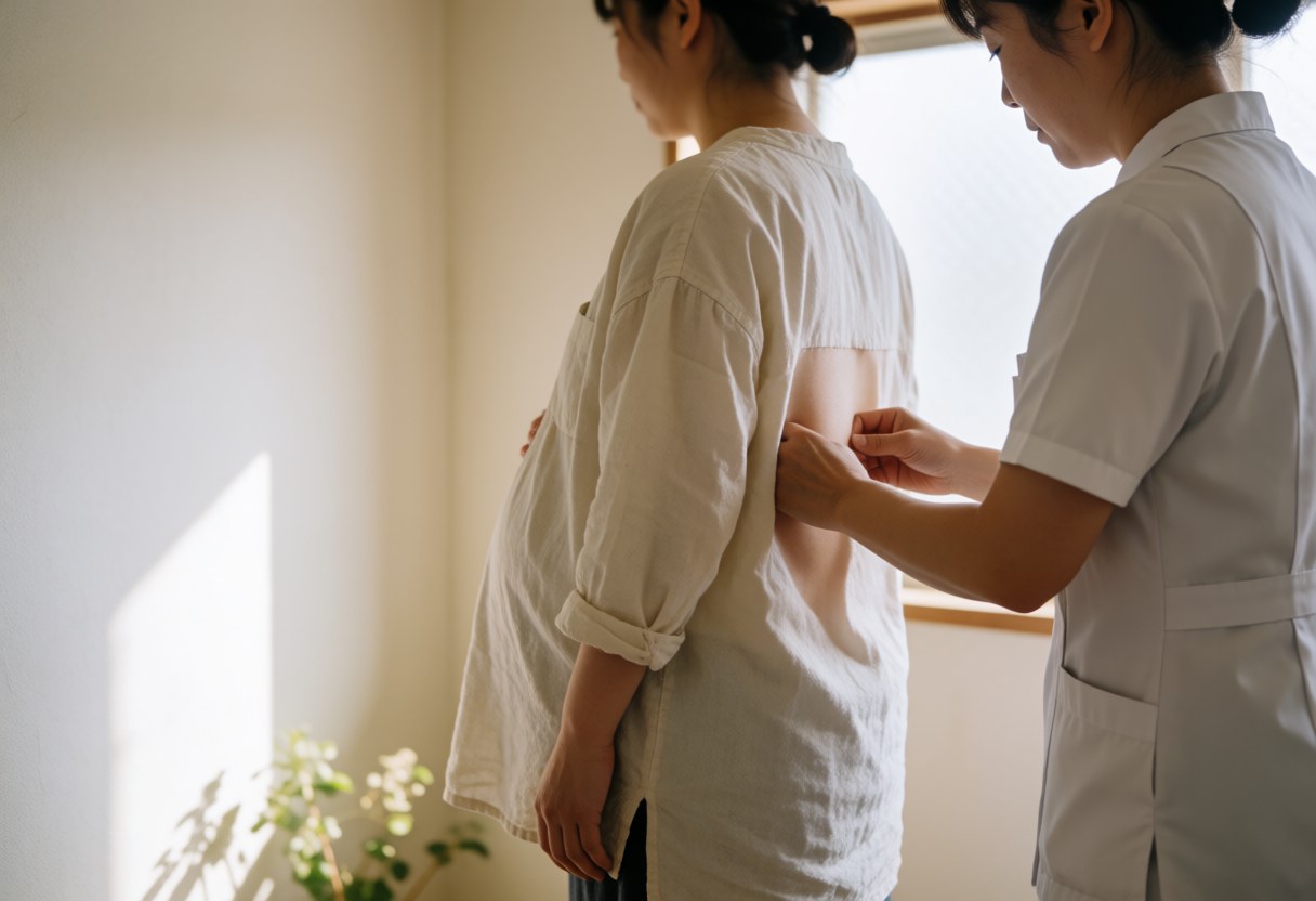 Un thérapeute en uniforme applique un massage sur le dos d'une cliente enceinte dans un espace lumineux aux murs blancs.