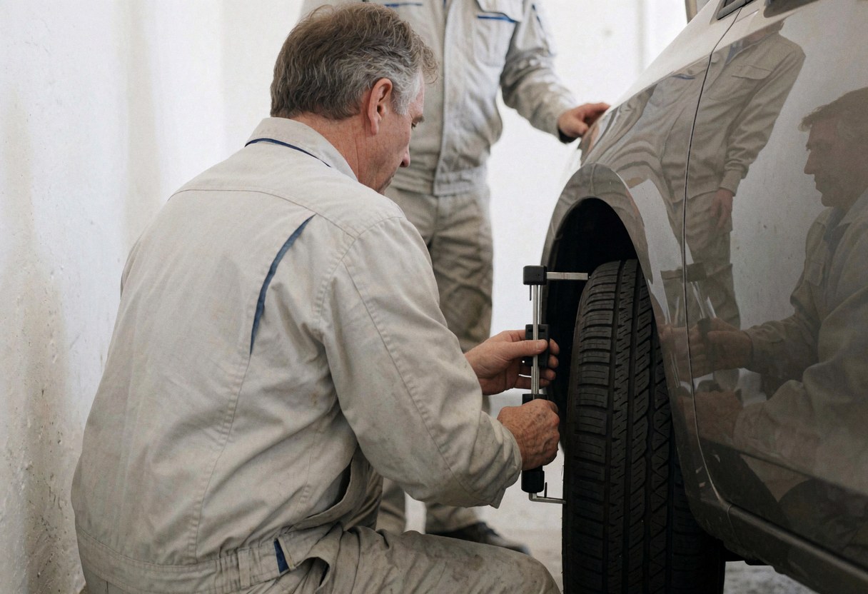 Mécanicien professionnel utilisant un jauge de profondeur de bande de roulement pour inspecter un pneu dans un atelier automobile aux murs blancs.