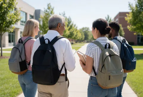 Quatre étudiants marchent sur un sentier du campus, portant des sacs à dos et tenant des livres, avec des bâtiments universitaires et des arbres en arrière-plan par une journée ensoleillée.