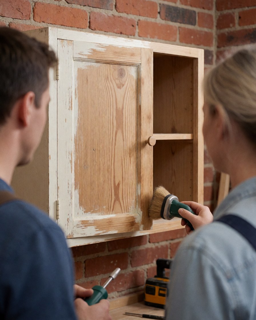 Un artisan utilise une brosse pour nettoyer un meuble en bois à la peinture usée dans un atelier aux murs de briques.