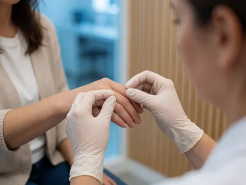 Thérapeute portant des gants réalise un massage sur la main d'un client dans une clinique aux murs en bois clair.